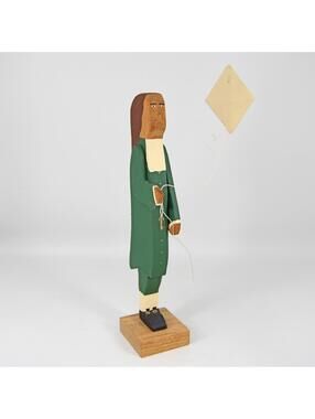 Folk Art Carved Wood Sculpture Ben Franklin Kite Key Signed DC Originals 1990s